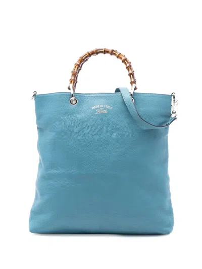 Pre-owned Gucci 2016-2025 Tall Leather Bamboo Shopper Tote Satchel In Blue