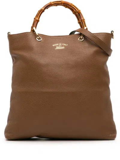 Pre-owned Gucci 2016-2025 Tall Leather Bamboo Shopper Tote Satchel In Brown