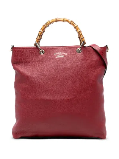 Pre-owned Gucci 2016-2025 Tall Leather Bamboo Shopper Tote Satchel In Red