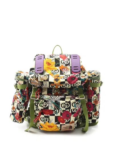 Pre-owned Gucci 2016-2025 The North Face Floral Multicolor Nylon And Leather Backpack In Green