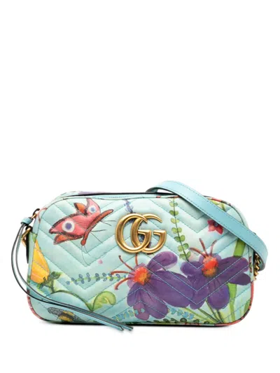 Pre-owned Gucci 2016-2025 Unskilled Worker Small Gg Marmont Matelasse Calfskin Flora Painted Crossbody Bag In Blue
