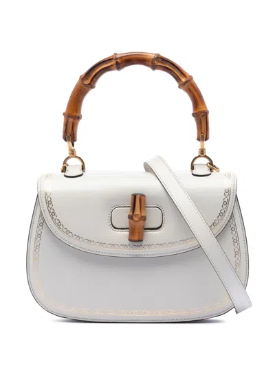 Pre-owned Gucci 2016-2026 Calfskin Frame Print Bamboo Top Handle Bag Satchel In White