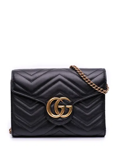 Pre-owned Gucci 2016-2026 Gg Marmont Matelasse Leather Wallet On Chain Crossbody Bag In Black