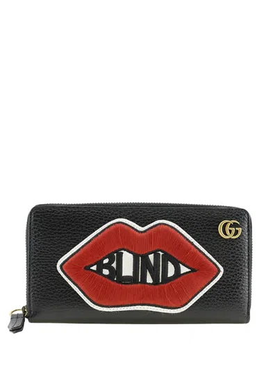 Pre-owned Gucci 2016-2026 Gg Marmont Pebbled Calfskin Embroidered Blind For Love Zip Around Wallet Long Wallets In Black