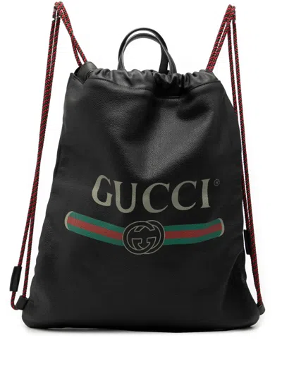 Pre-owned Gucci 2016-2026 Leather Logo Drawstring Backpack In Black
