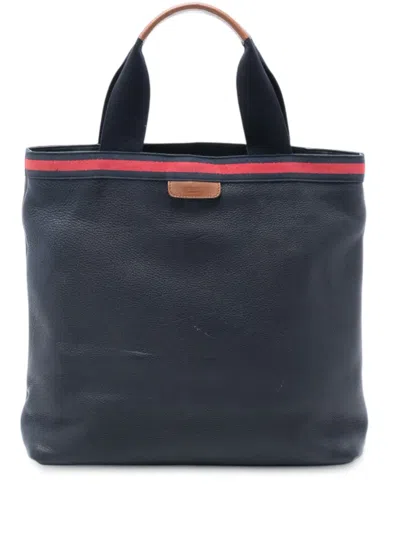 Pre-owned Gucci 2016-2026 Leather Web Tote Bag In Blue
