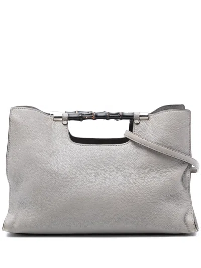 Pre-owned Gucci 2016-2026 Medium Calfskin Bamboo Daily Shopper Satchel In Gray