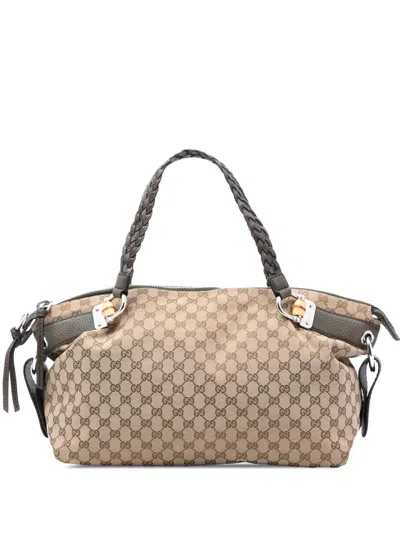 Pre-owned Gucci 2016-2026 Medium Gg Canvas Bamboo Bar Tote Bag In Brown
