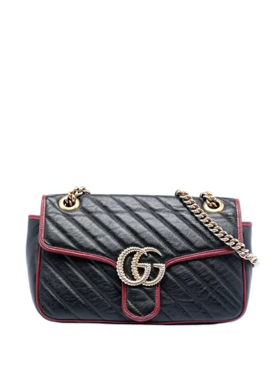 Pre-owned Gucci 2016-2026 Medium Gg Marmont Matelasse Diagonal Leather Torchon Shoulder Bag In Black