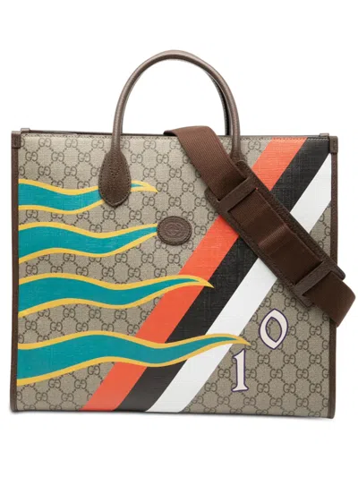 Pre-owned Gucci 2016-2026 Medium Gg Supreme 100 Centum Anniversary Calfskin Retro Interlocking G Tote Satchel In Brown