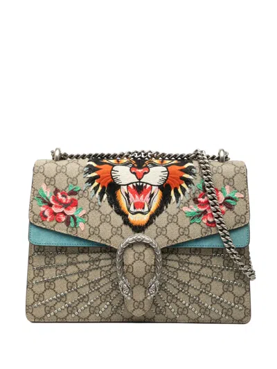 Pre-owned Gucci 2016-2026 Medium Gg Supreme Embroidered Angry Cat Dionysus Shoulder Bag In Brown
