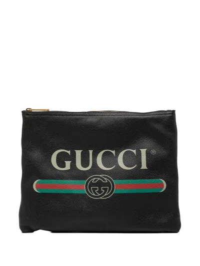Pre-owned Gucci 2016-2026 Medium Leather Logo Portfolio Clutch Bag In Black