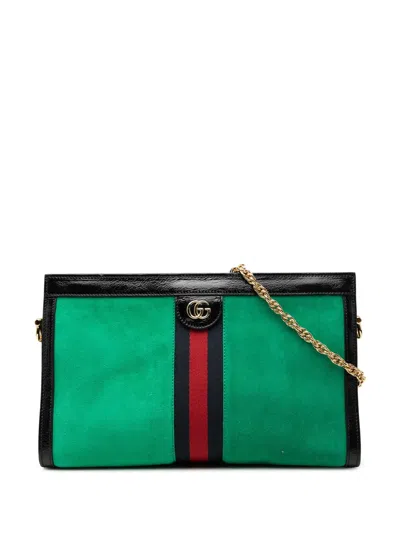 Pre-owned Gucci 2016-2026 Medium Suede Web Ophidia Chain Shoulder Bag In Green
