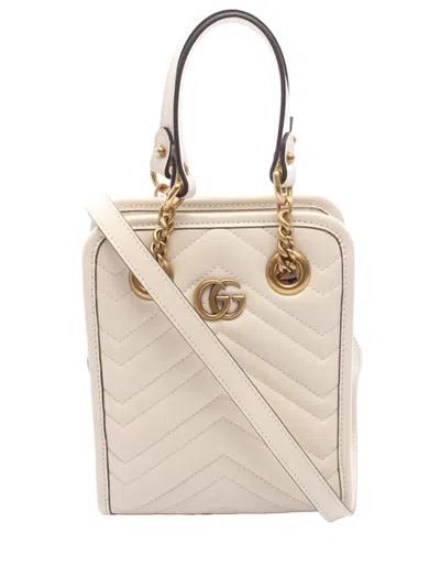 Pre-owned Gucci 2016-2026 Mini Gg Marmont Calfskin Matelasse Tote Satchel In White