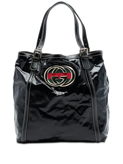 Pre-owned Gucci 2016-2026 Patent Dialux Britt Web Tote Bag In Black