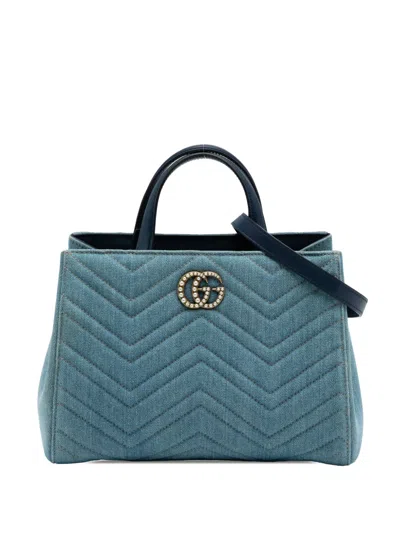 Pre-owned Gucci 2016-2026 Small Gg Marmont Matelasse Denim Pearly Satchel In Blue
