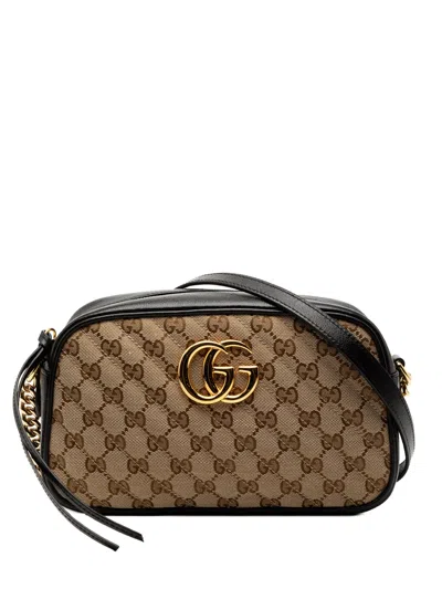 Pre-owned Gucci 2016-2026 Small Gg Marmont Matelasse Gg Canvas And Leather Crossbody Bag In Brown