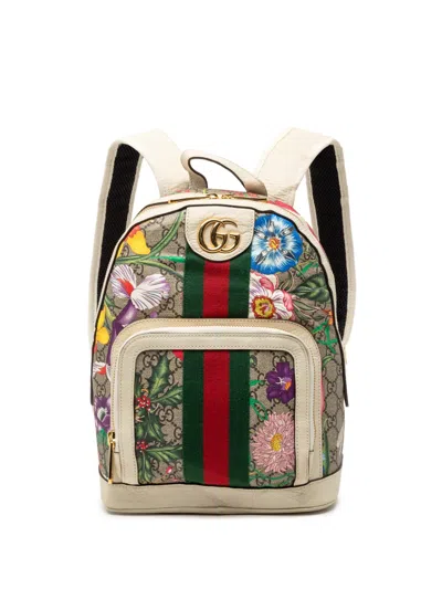 Pre-owned Gucci 2016-2026 Small Gg Supreme Flora Ophidia Backpack In Brown