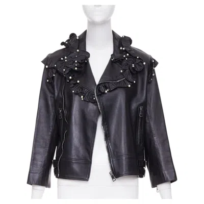 Pre-owned Gucci 2016 Black Lambskin Leather Faux Pearl Ruffle Collar Biker Jacket It40 S