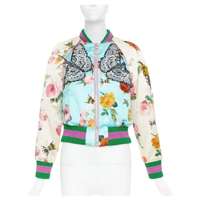 Pre-owned Gucci 2016 Michele Runway Silk Butterfly Bee Embroidery Bomber Kacket It40 S In Gray