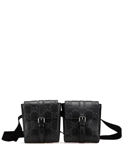 Pre-owned Gucci 2016-present Gg Embossed Perforated Double Belt Bag In Black