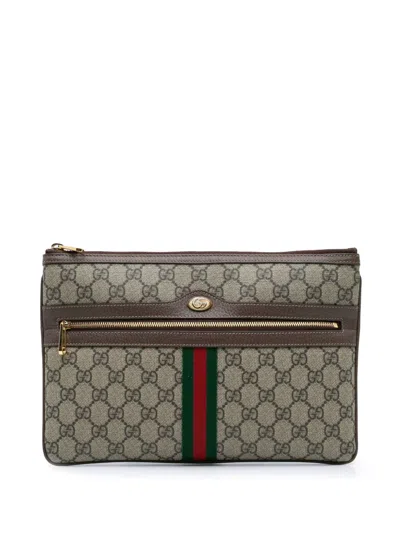 Pre-owned Gucci 2016-present Large Gg Supreme Ophidia Web Clutch Bag In Brown