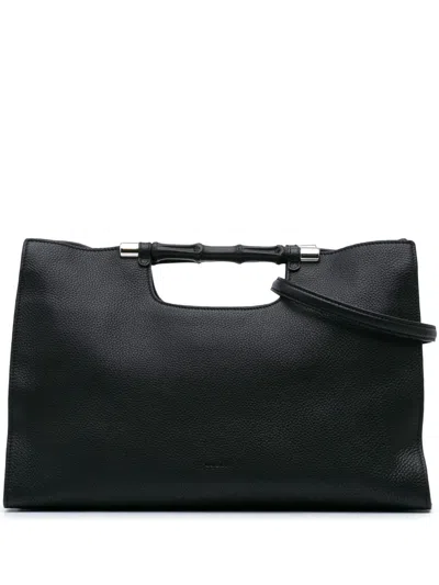 Pre-owned Gucci 2016-present Medium Calfskin Bamboo Daily Shopper Satchel In Black