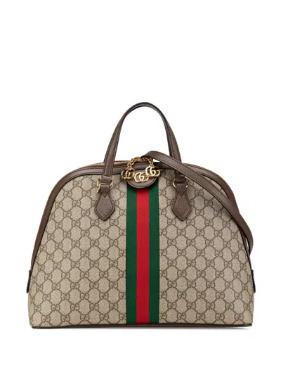 Pre-owned Gucci 2016-present Medium Gg Supreme Ophidia Web Satchel In Brown