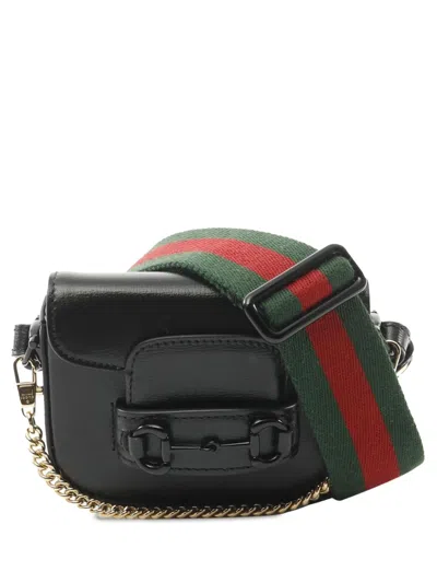 Pre-owned Gucci 2016-present Mini Leather Horsebit 1955 Web Satchel In 黑色