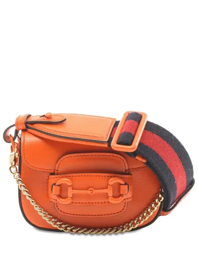 Pre-owned Gucci 2016-present Mini Leather Horsebit 1955 Web Satchel In Orange