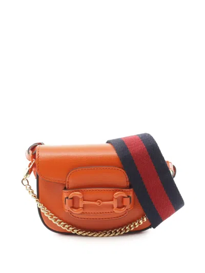 Pre-owned Gucci 2016-present Mini Leather Horsebit 1955 Web Satchel In Orange