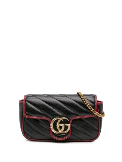 Pre-owned Gucci 2016-present Super Mini Gg Marmont Matelasse Leather Torchon Flap Crossbody Bag In Black