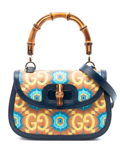 Pre-owned Gucci 2016-2025 100th Anniversary Medium Gg Coated Canvas Kaleidoscope 1947 Bamboo Top Handle Bag Satchel In Blue