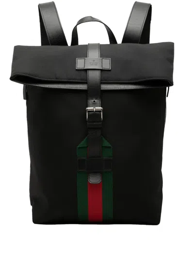 Pre-owned Gucci 2016-2025 Canvas Techno Web Fold Over Backpack In Black