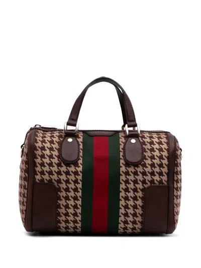 Pre-owned Gucci 2016-2025 Cotton Seventies Web Boston Bag Satchel In Brown