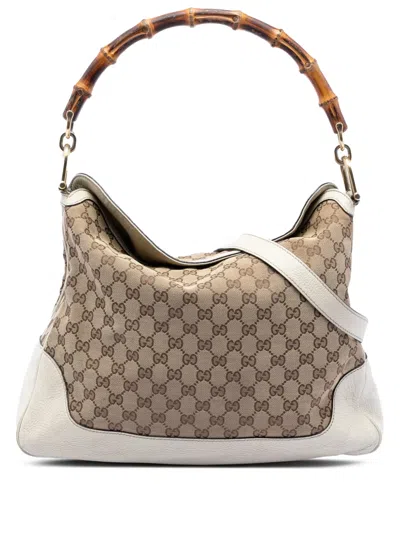 Pre-owned Gucci 2016-2025 Gg Canvas Bamboo Diana Satchel In Neutral