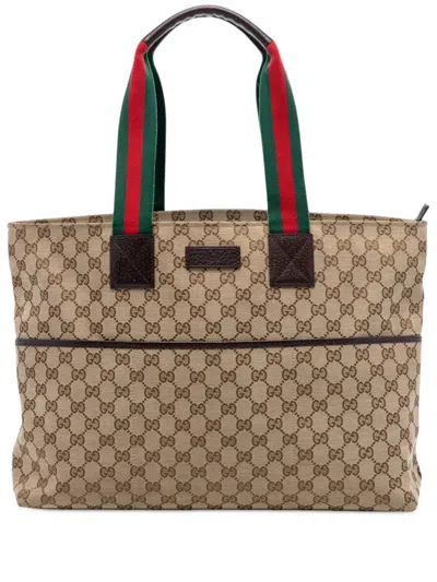 Pre-owned Gucci 2016-2025 Gg Canvas Web Tote Bag In Neutral
