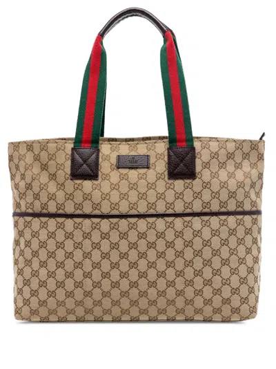 Pre-owned Gucci 2016-2025 Gg Canvas Web Tote Bag In Neutral