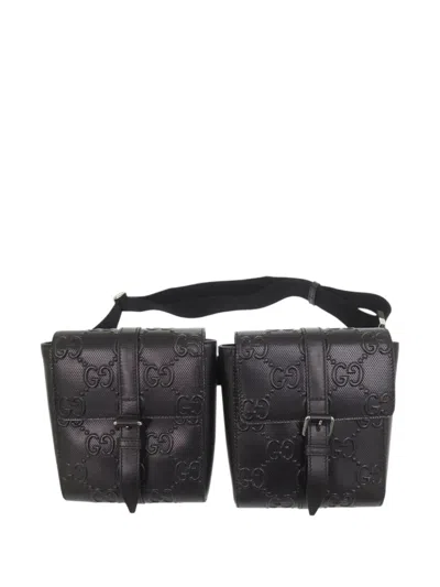 Pre-owned Gucci 2016-2025 Gg Embossed Perforated Double Belt Bag In Black