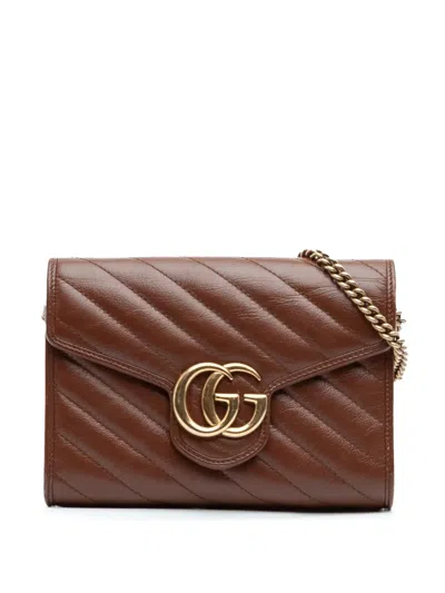 Pre-owned Gucci 2016-2025 Gg Marmont Matelasse Diagonal Leather Wallet On Chain Crossbody Bag In Brown