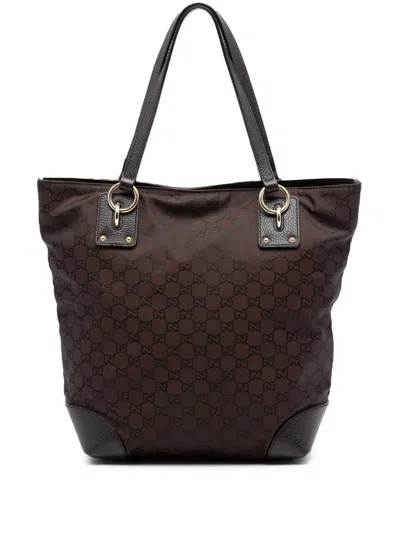 Pre-owned Gucci 2016-2025 Gg Nylon Vertical Charm Tote Bag In Brown