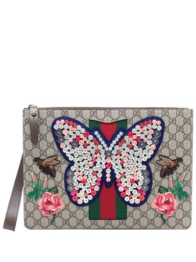 Pre-owned Gucci 2016-2025 Gg Supreme Web Butterfly Clutch Bag In Neutral