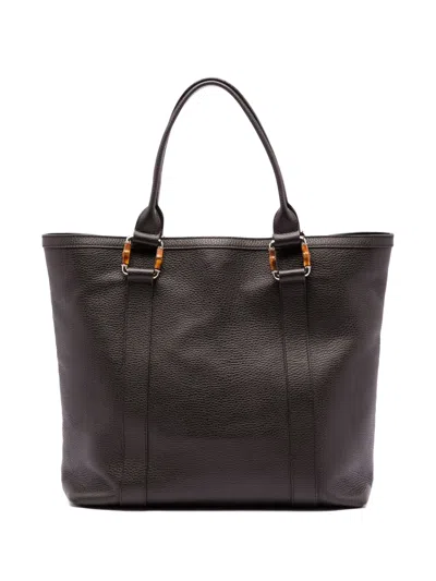 Pre-owned Gucci 2016-2025 Grained Calfskin Bamboo Shopper Tote Bag In Brown