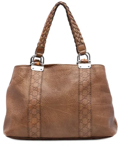 Pre-owned Gucci 2016-2025 Ssima Trimmed Leather Bamboo Libeccio Tote Bag In Brown