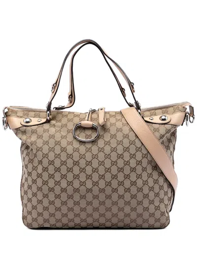 Pre-owned Gucci 2016-2025 Large Gg Canvas Icon Bit Satchel In Neutral