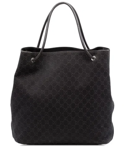 Pre-owned Gucci 2016-2025 Large Gg Denim Gifford Tote Bag In Brown