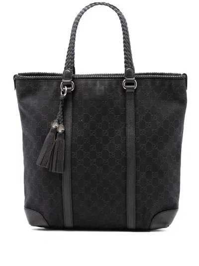 Pre-owned Gucci 2016-2025 Large Gg Denim Marrakech Tote Bag In Brown