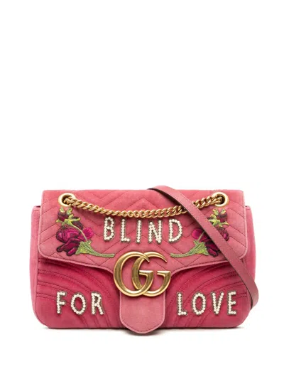 Pre-owned Gucci 2016-2025 Large Gg Marmont Matelasse Velvet Embroidered Blind For Love Shoulder Bag In Pink