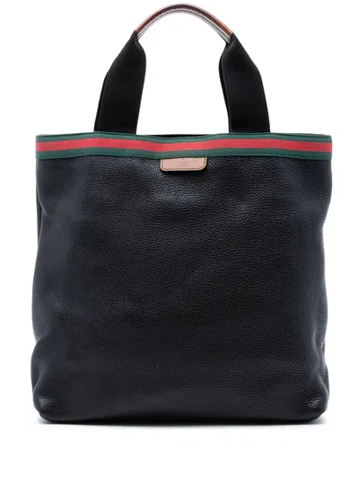 Pre-owned Gucci 2016-2025 Leather Web Tote Bag In Black
