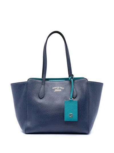 Pre-owned Gucci 2016-2025 Medium Dollar Calfskin Swing Tote Bag In Blue